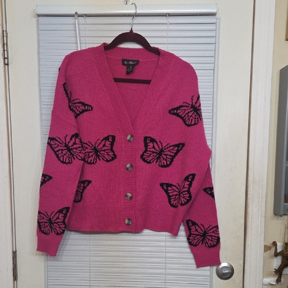 Runway Sweaters - Pink Cardigan with Black Butterfly Design